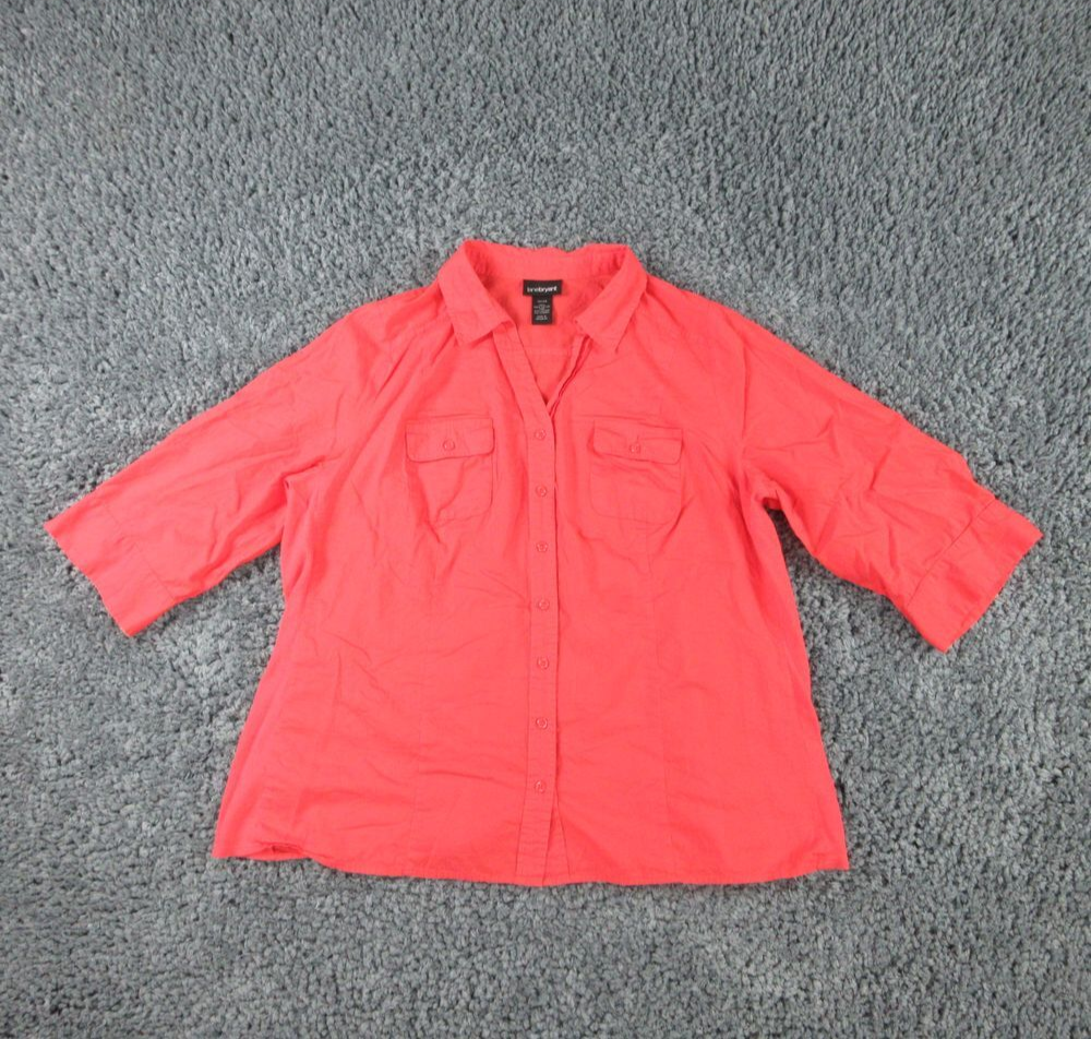 Lane Bryant Shirt Womens 22/24 Orange Pink Blend Roll Tab 3/4 Sleeve Button Up